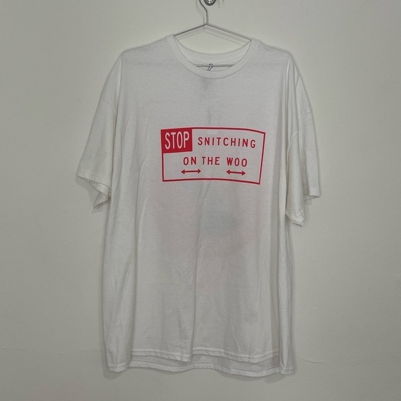 VLONE Stop Snitching on The Woo Pop Smoke T-Shirt White Red Graphic Tee XXL - Picture 3 of 5